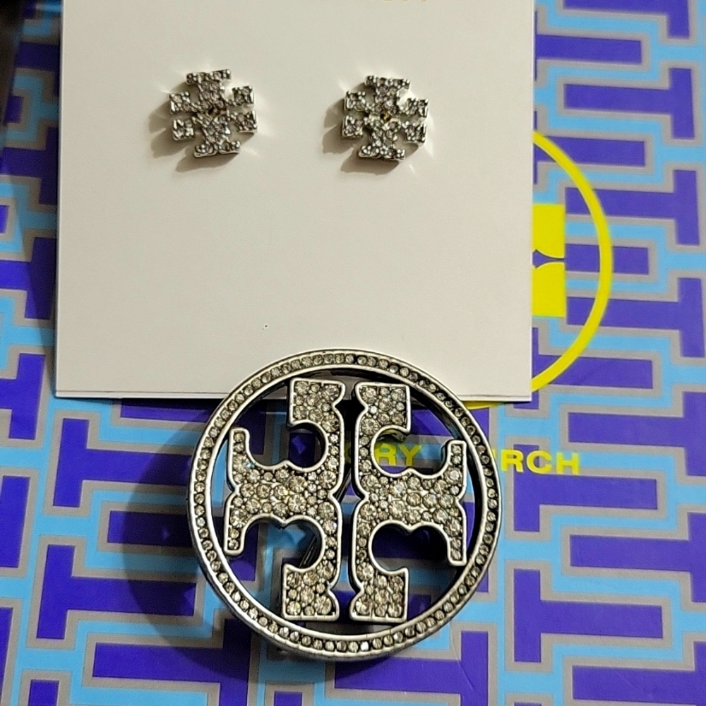 TORY BURCH BROOCH DOUBLE T CRYSTAL EMBELLISHED NWOT